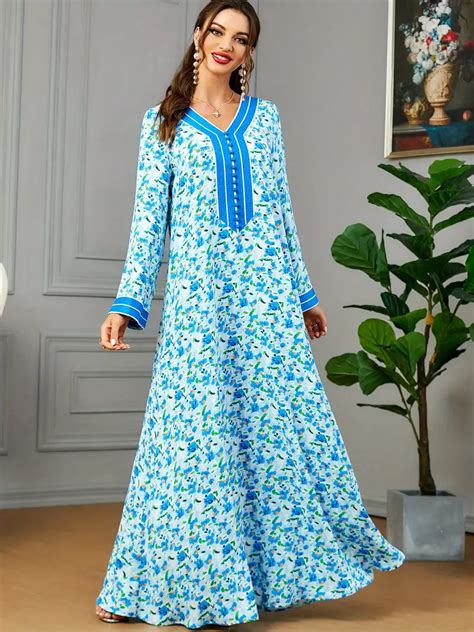 Floral Print Kaftan Dress Elegant V Neck Long Sleeve Maxi Temu United Kingdom