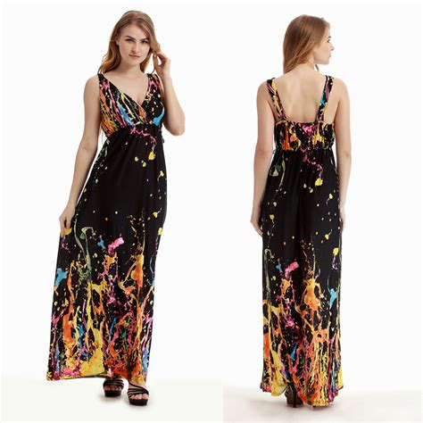 Women Summer Bohemian Beach Dress For Holiday V Neck Sleeveless Sexy