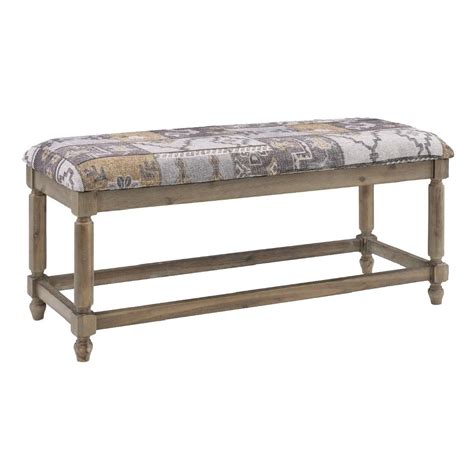 Fabric Upholstered Wooden Bench With Bohemian Print Gray And Brown
