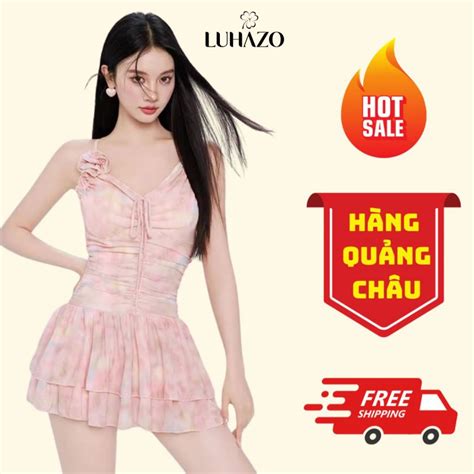Bikini Đồ Bơi 1 Mảnh LUHAZO Dáng Váy 2 Dây Liền Thân Hở Lưng Màu Cam Phong Cách Tiểu Thư Che