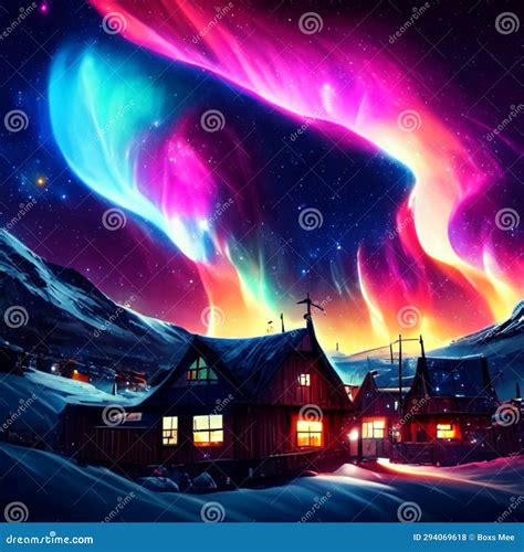 Aurora Borealis Over A Village In Northern Norway D Rendering