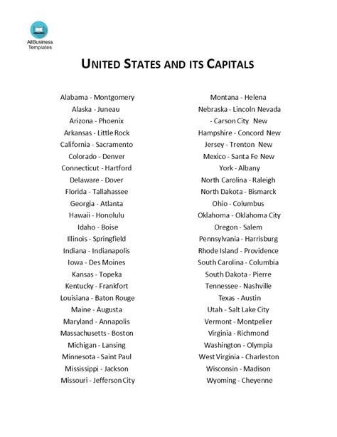 Printable List Of State Capitals