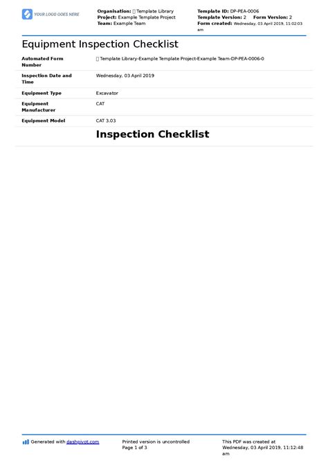 Equipment Inspection Checklist Template Better Than Excel Word