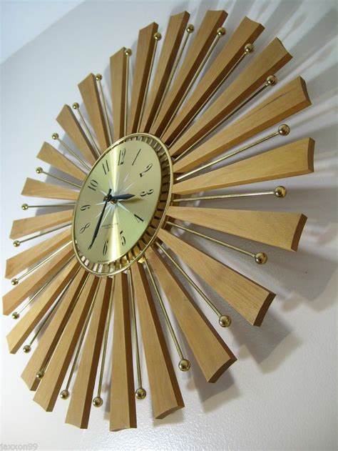 Westclox Mid Century Modern Starburst Sunburst Wall Clock Teak Bras