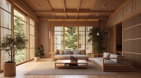 Modern Room Filled With Japanese Style Furniture Background D