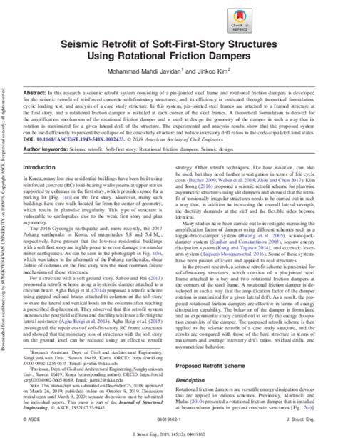 Pdf Seismic Retrofit Of Soft First Story Structures Using Rotational Friction Dampers