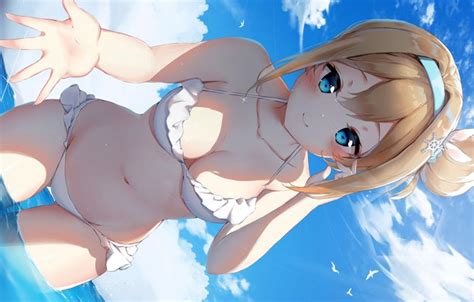 Wallpaper Girl Sexy Cleavage Sea Boobs Anime Water Blue Eyes