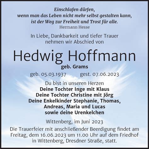 Traueranzeigen Von Hedwig Hoffmann Abschied Nehmen De