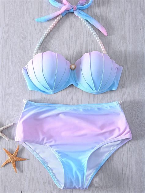 Blue Pink 2xl Halter Pearl Embellished Ombre Seashell Bikini Set