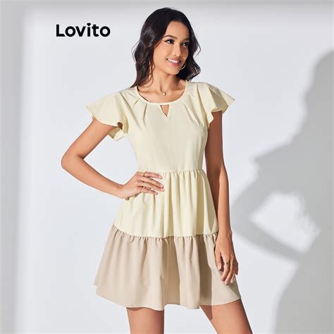 Lovito Vestido Boho De Tecido Liso Costura Colorblock Babados E