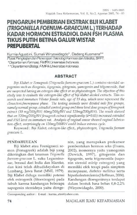 Pdf Pengaruh Pemberian Ekstrak Biji Klabet Trigonella Foenum Graecum