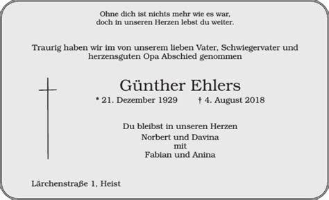 Traueranzeigen von Günther Ehlers sh z Trauer