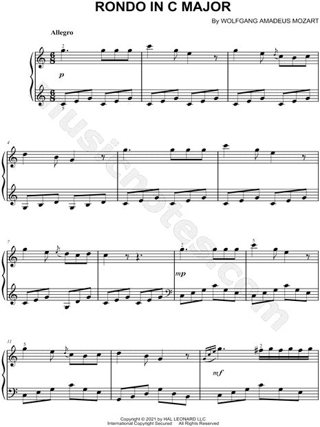 Wolfgang Amadeus Mozart Rondo In C Major Sheet Music Easy Piano