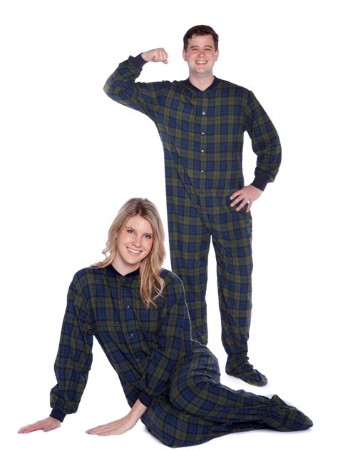 Navy Blue And Green Plaid Lightweight Cotton Flannel Adult Footed Onesie