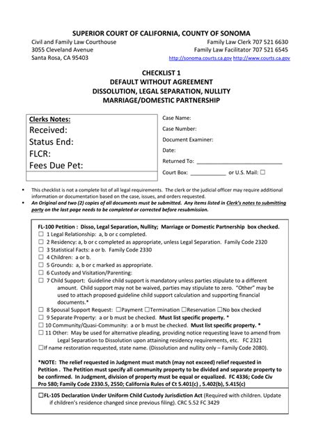 County Of Sonoma California Checklist Default Without Agreement