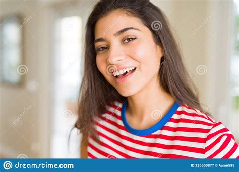 Beautiful Brunette Woman Smiling Cheerful Looking Happy And Positive