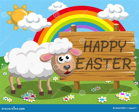 Cartoon Sheep Happy Easter Wooden Banner Meadow Stock Vector