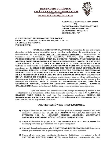 Contestación De Demanda Sra Gabriela Pdf Caso De Ley Demanda Judicial