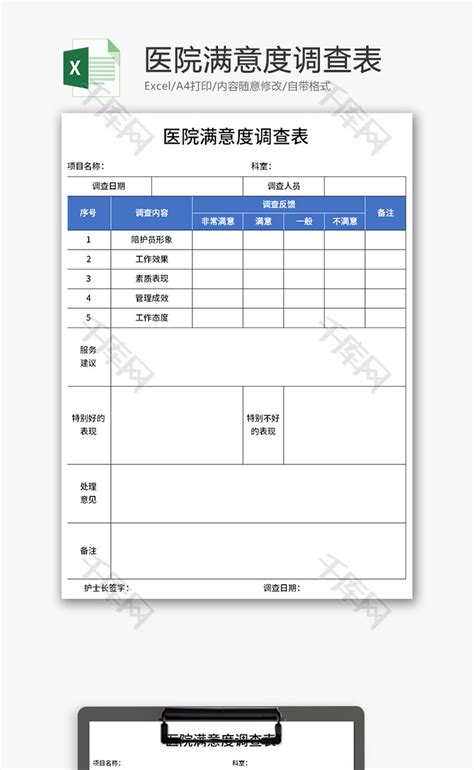 医院满意度调查表excel模板千库网excelid：170577