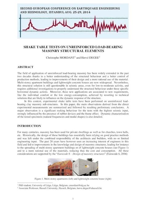 Pdf Shake Table Tests On Unreinforced Load Bearing Masonry