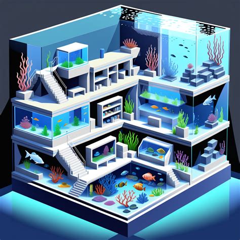 Isometric Clean Pixel Art Image Cutaway Of Inside Of Aquariu By