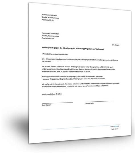 Widerspruch der Kündigung Muster download