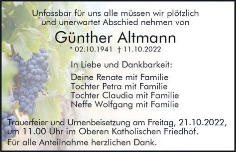 Traueranzeigen von Günther Altmann Mittelbayerische Trauer