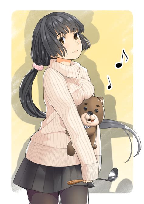 Safebooru 1girl Black Hair Black Legwear Breasts Brown Eyes Ladle