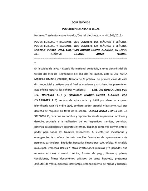 Poder Notarial Informe Corresponde Poder Representante Legal Numero Trescientos Cuarenta Y