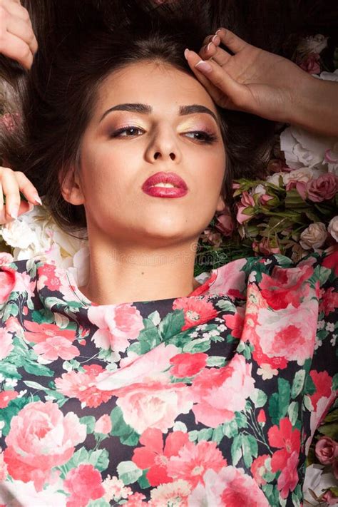 Portrait Of Sensual Woman Lying Down On Flowers Stock Image Image Of