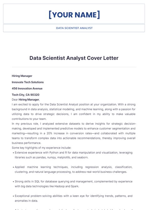 Free Data Scientist Analyst Cover Letter Template Edit Online