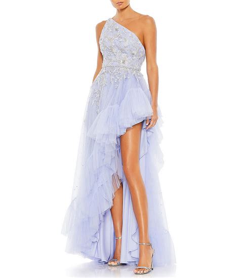 Mac Duggal Embellished One Shoulder Sleeveless Ruffle Hem Open Back