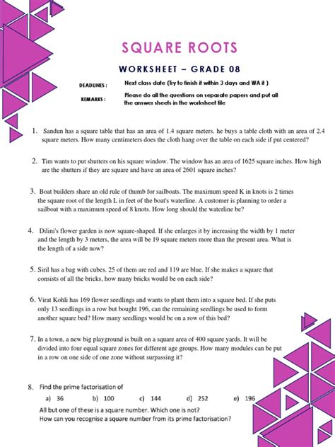 Square Roots Worksheet | PDF