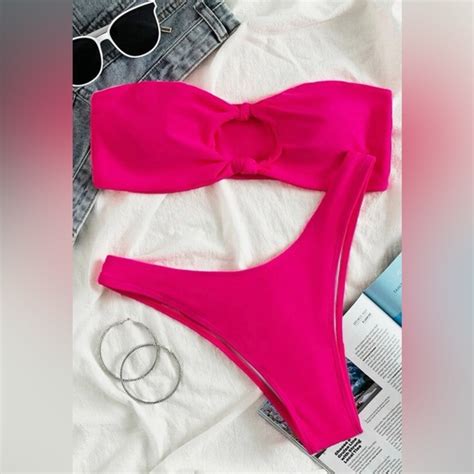 Shein Swim Bnwt Bikini Knot Decor Bandeau Top High Cut Bottom Size