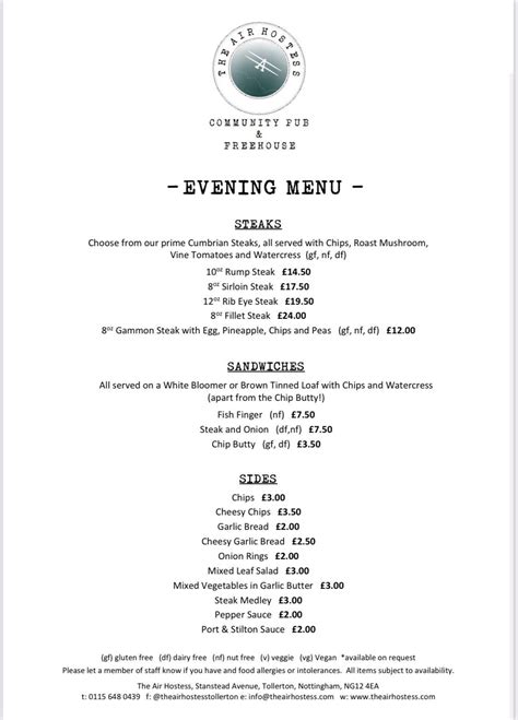 Menu at Air Hostess pub & bar, Nottingham