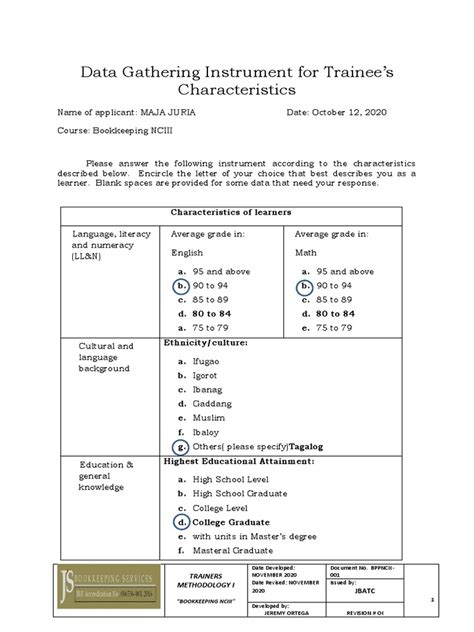 Data Gathering Instrument For Trainee And Self Assessment Check Of