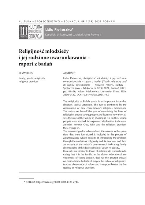 Pdf Religijno M Odzie Y I Jej Rodzinne Uwarunkowania Raport Z Bada