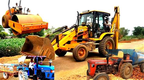 JCB 3DX And Escorts Roller Working Together For Road Making Massey