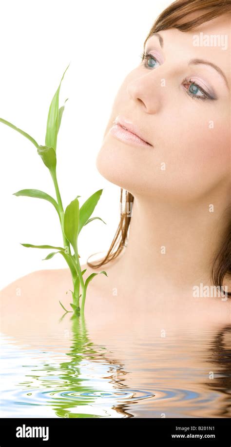 Picture Of Lovely Blue Eyed Brunette With Bamboo In Water Stock Photo