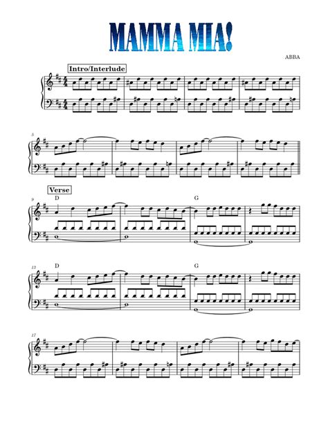 Mamma Mia Abba Sheet Music For Piano Solo Easy