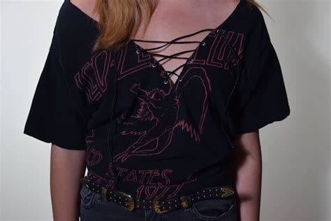 Led Zeppelin Hand Distressed V Neck Lace Up Front Oversized Band Tee