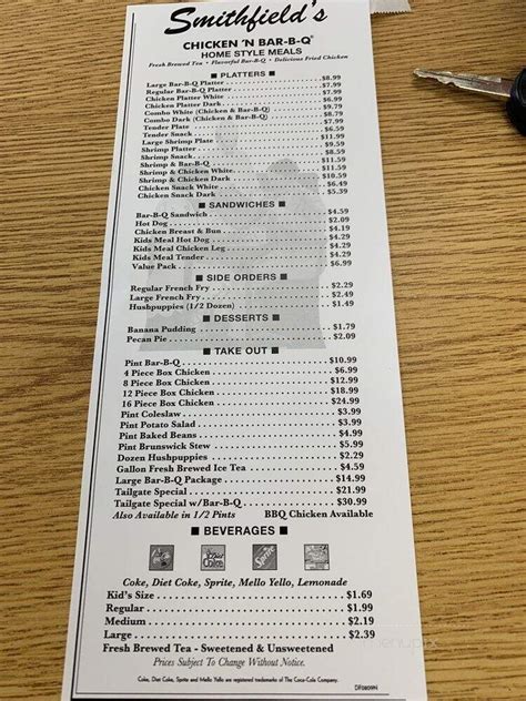 Smithfields Chicken N Bar B Q Menu In Sanford Nc Order Delivery