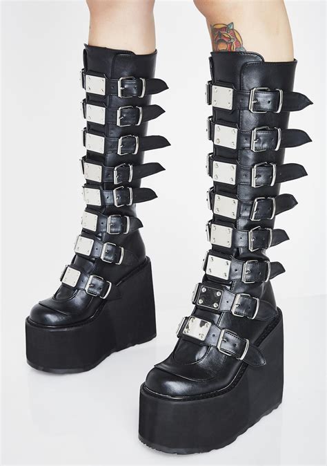 Demonia Swing 815 Buckle Knee High Platform Boots Black Goth Shoes Goth Boots Demonia Boots