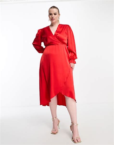 Ax Paris Plus Long Sleeve Wrap Dress In Red Satin Asos