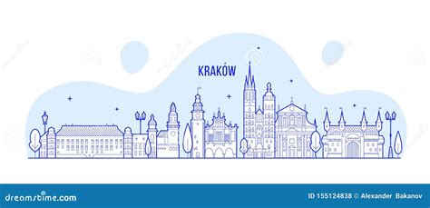 Krakow Skyline Poland City Buildings Vector Linear Stock Vector