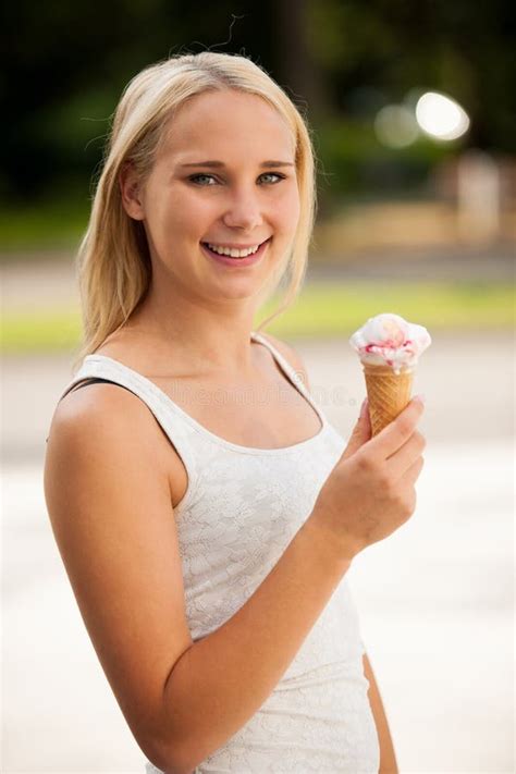 Woman Eating Ice Cream In A Park On A Hot Summer Day Stock Image Image Of Female Lifestyle