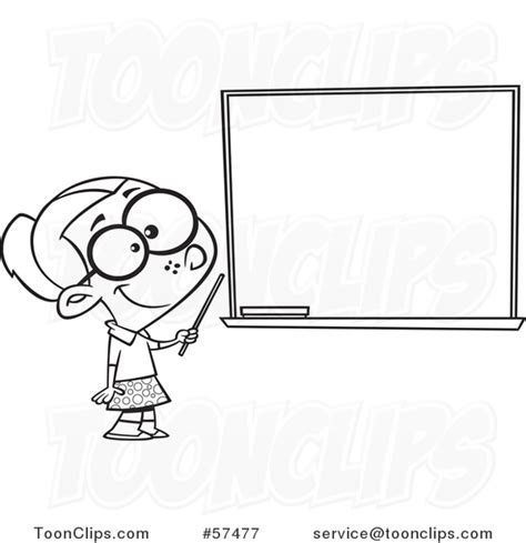 Cartoon Outline Of School Girl Pretending To Be A Teacher Standing By A Chalk Board 57477 By