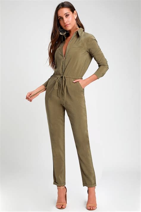 Washed Olive Green Jumpsuit Long Sleeve Jumpsuit Jumpsuit Lulus