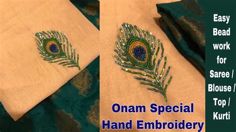 Onam Special Hand Embroidery Peacock Feather Bead Work For Kurti