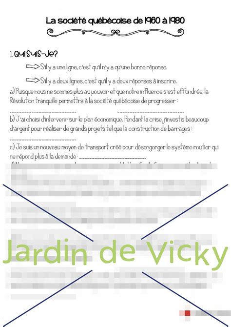 La société québécoise de 1960 à 1980 Évaluation Jardin de Vicky